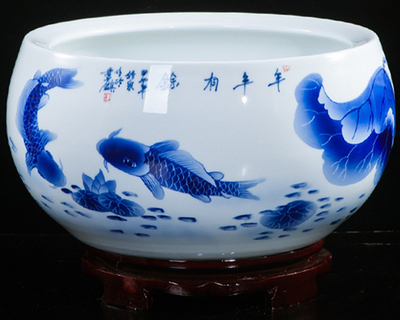 景德鎮陶瓷器手繪青花瓷魚缸聚寶盆水淺烏龜缸荷花盆客廳裝飾擺件